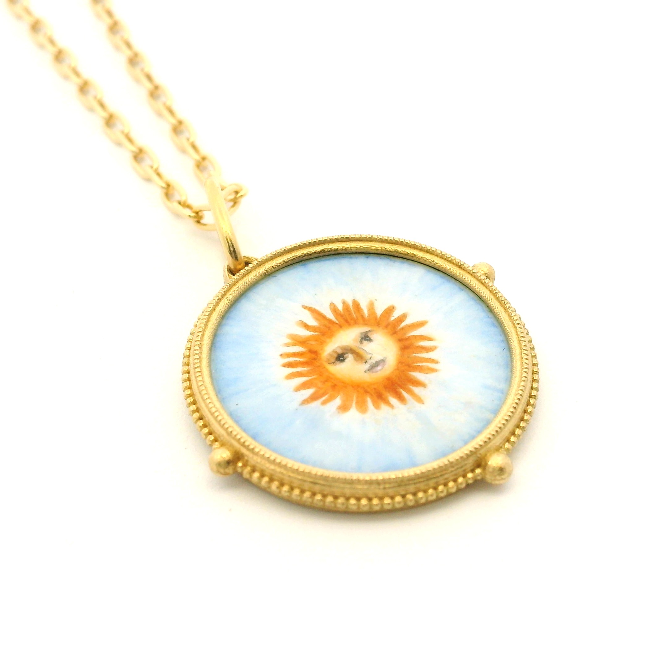 18 Karat Yellow Gold Hand Painted Sun Charm