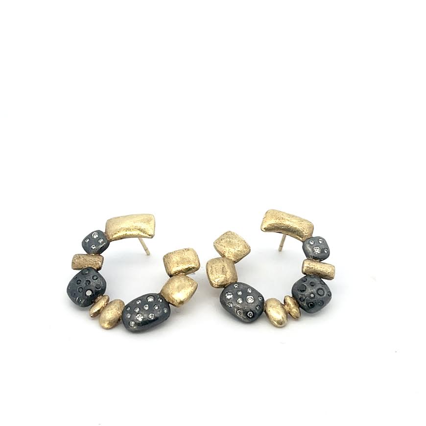 18 karat Yellow Gold, Oxidized Sterling Silver and Diamond Earrings