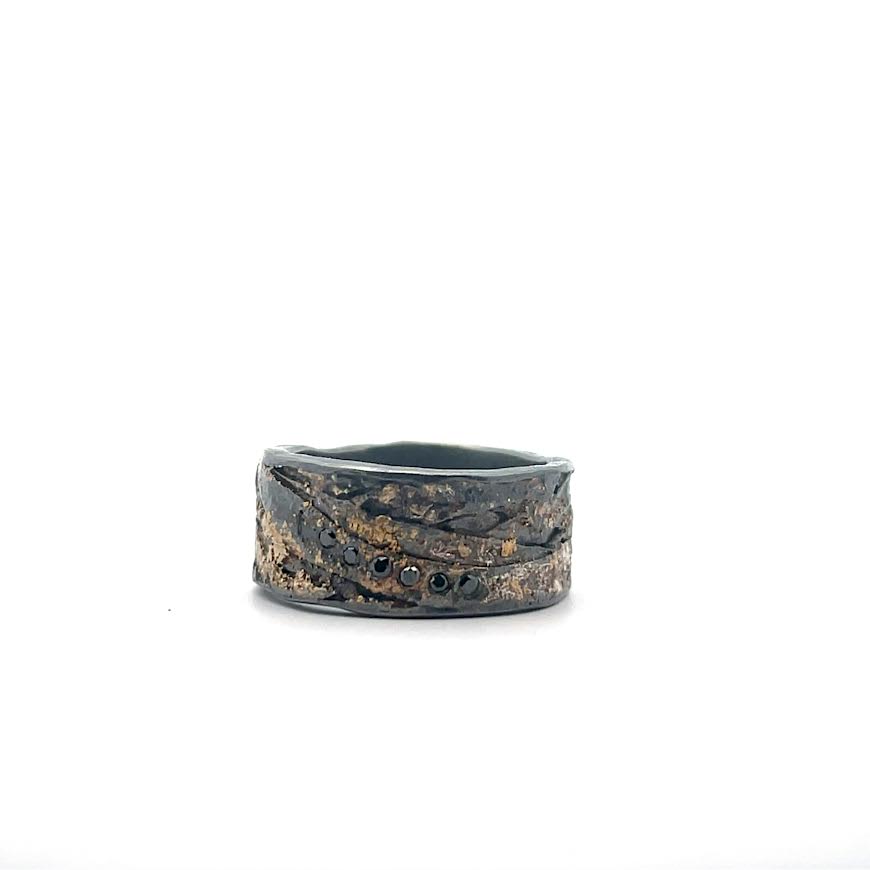 22 karat Yellow Gold, Oxidized Sterling Silver and Diamond Band