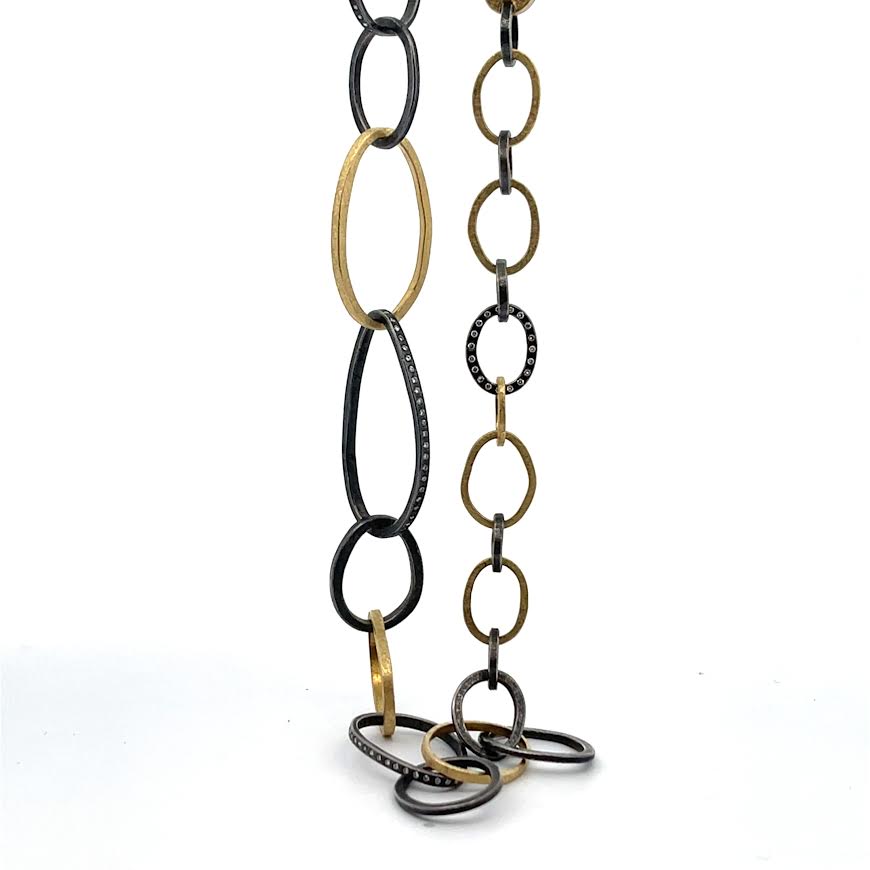 Diamond, 18 karat Yellow Gold and Oxidized Silver Chain Link Necklace