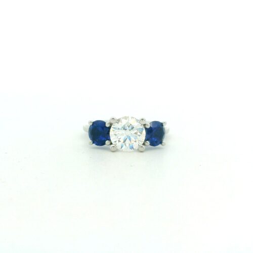 Platinum Three Stone Diamond and Sapphire Ring