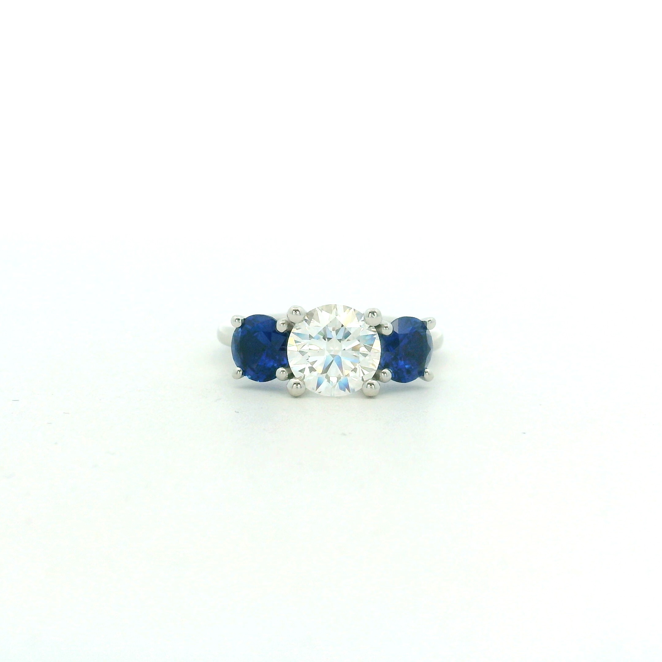 Platinum Three Stone Diamond and Sapphire Ring