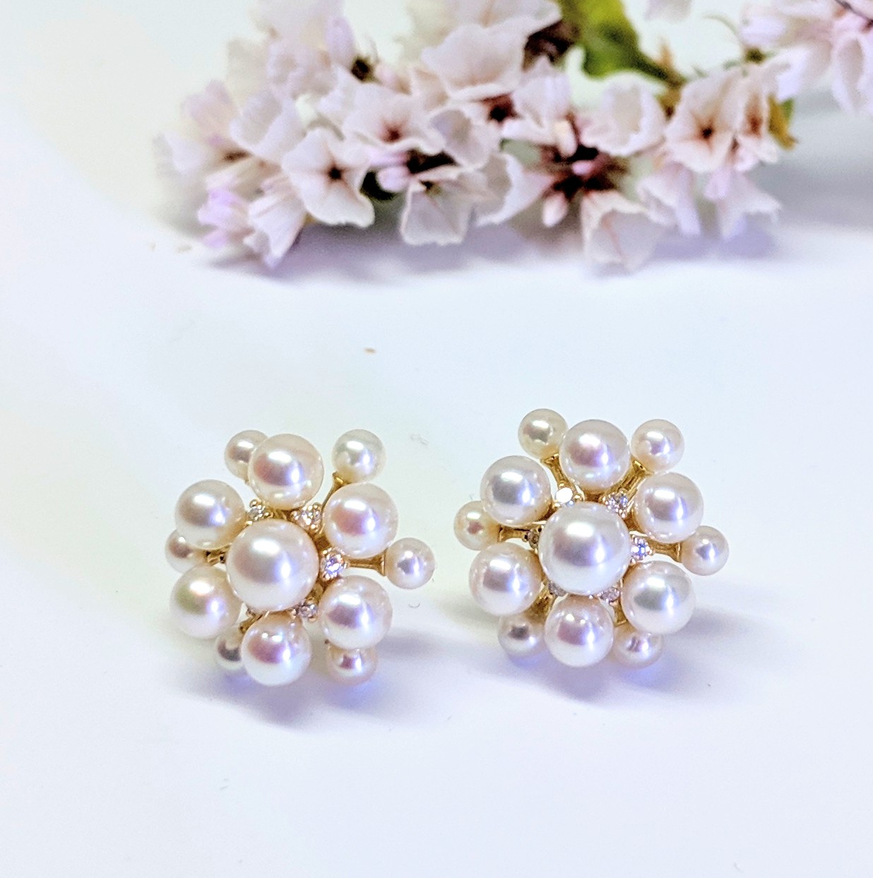 Yellow Gold, Diamond, Pearl Orbit Earrings
