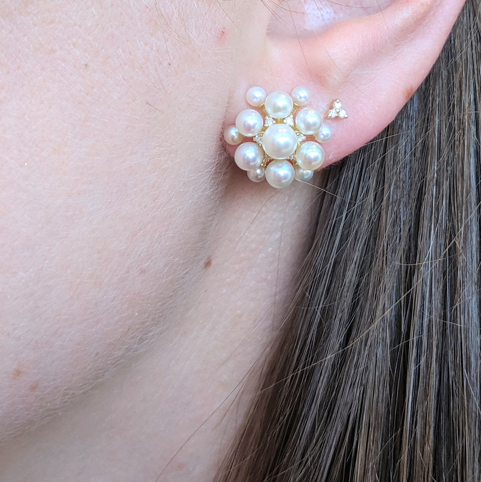 Yellow Gold, Diamond, Pearl Orbit Earrings