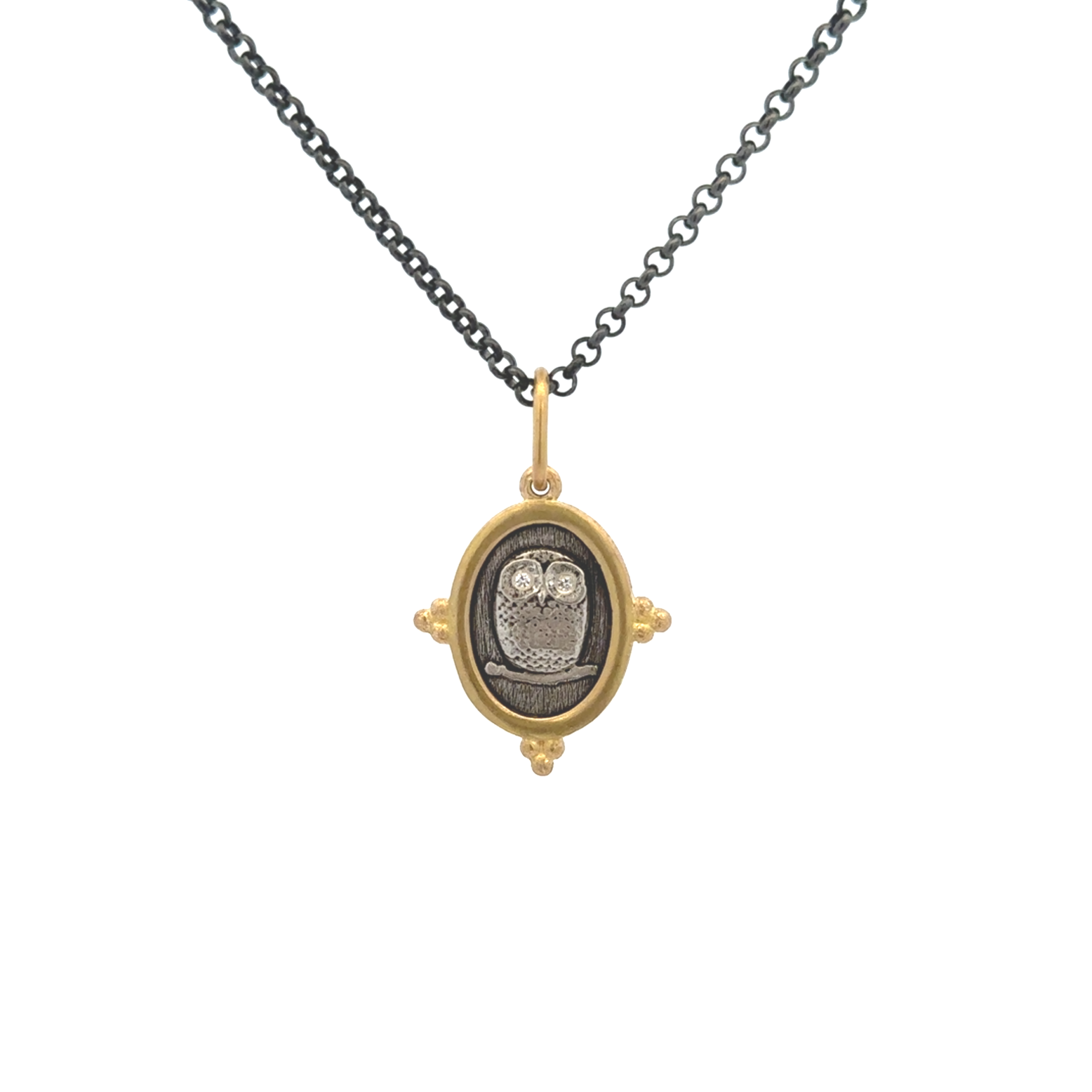 18 Karat Yellow Gold and Silver Owl Cham
