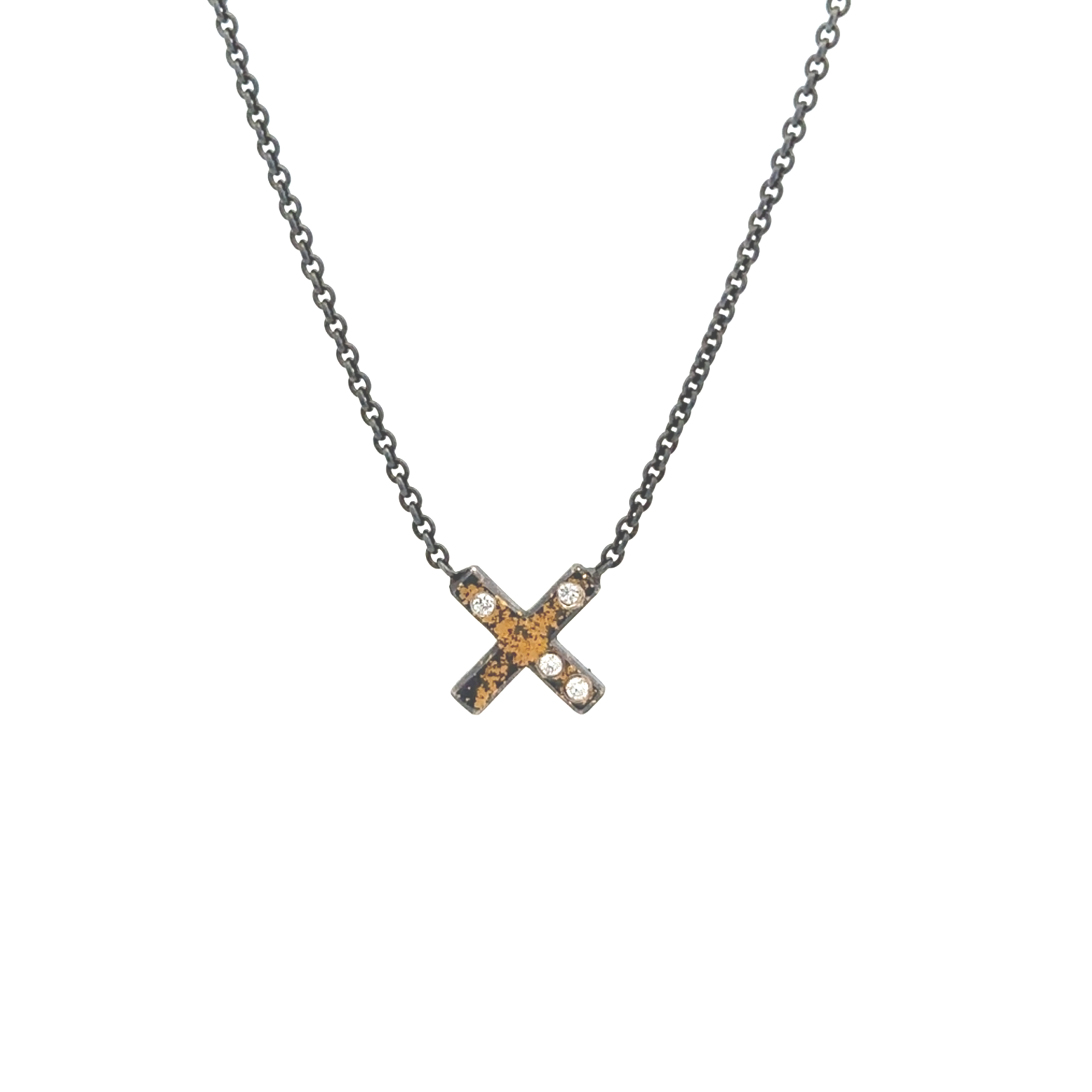 Oxidized Silver "X" Pendant with Gold and Diamonds