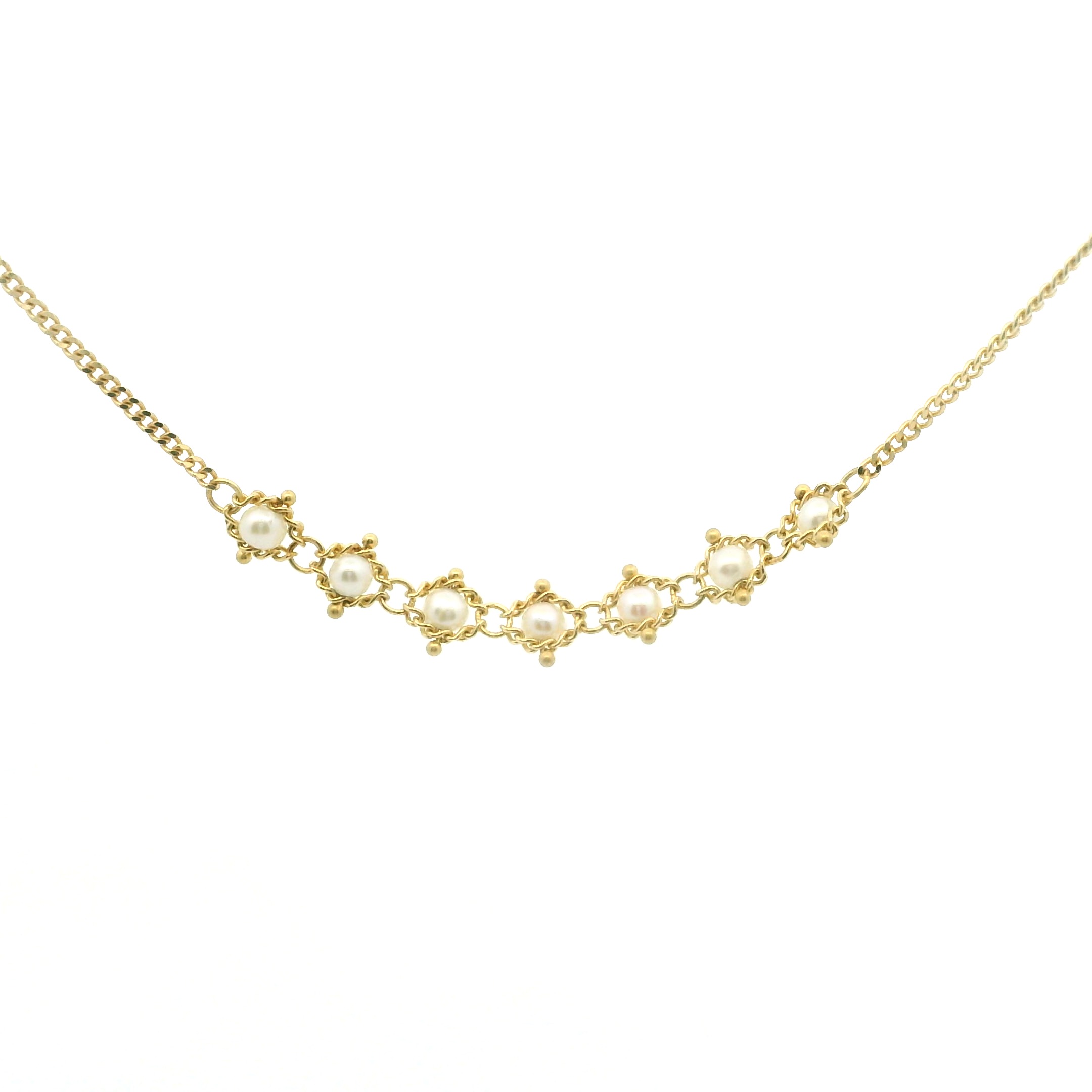 Yellow Gold and Pearl Textile Necklace.